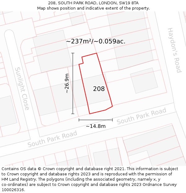 208, SOUTH PARK ROAD, LONDON, SW19 8TA: Plot and title map