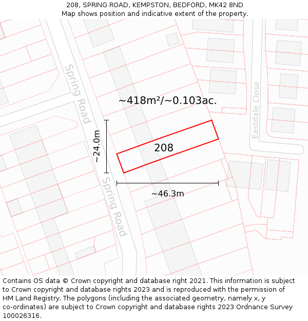 208, SPRING ROAD, KEMPSTON, BEDFORD, MK42 8ND: Plot and title map