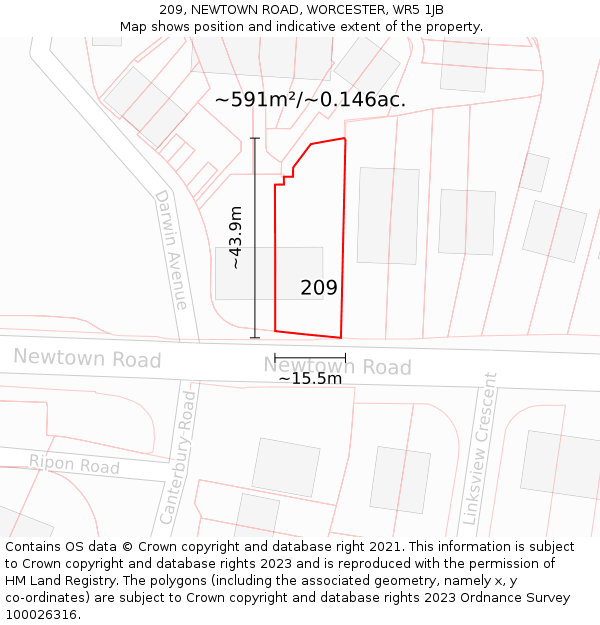 209, NEWTOWN ROAD, WORCESTER, WR5 1JB: Plot and title map