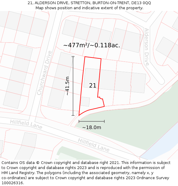 21, ALDERSON DRIVE, STRETTON, BURTON-ON-TRENT, DE13 0QQ: Plot and title map