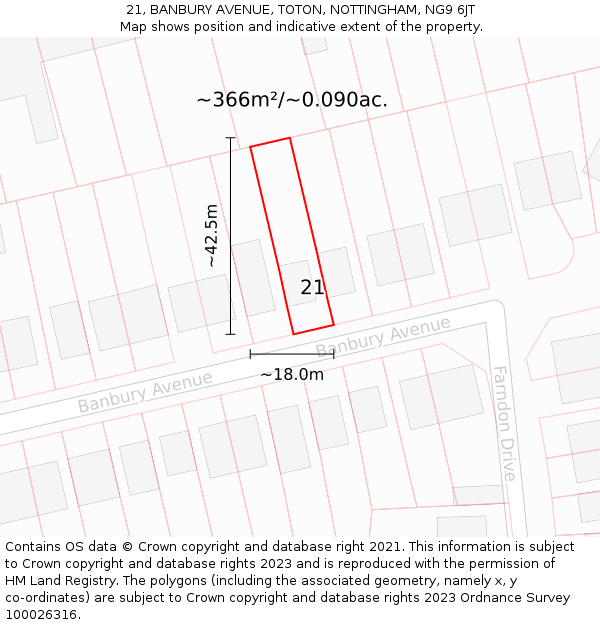 21, BANBURY AVENUE, TOTON, NOTTINGHAM, NG9 6JT: Plot and title map
