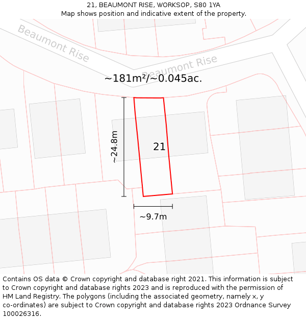 21, BEAUMONT RISE, WORKSOP, S80 1YA: Plot and title map