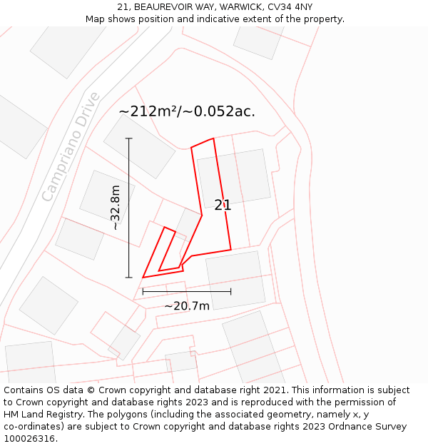 21, BEAUREVOIR WAY, WARWICK, CV34 4NY: Plot and title map