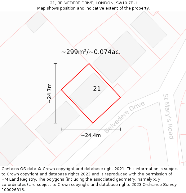 21, BELVEDERE DRIVE, LONDON, SW19 7BU: Plot and title map