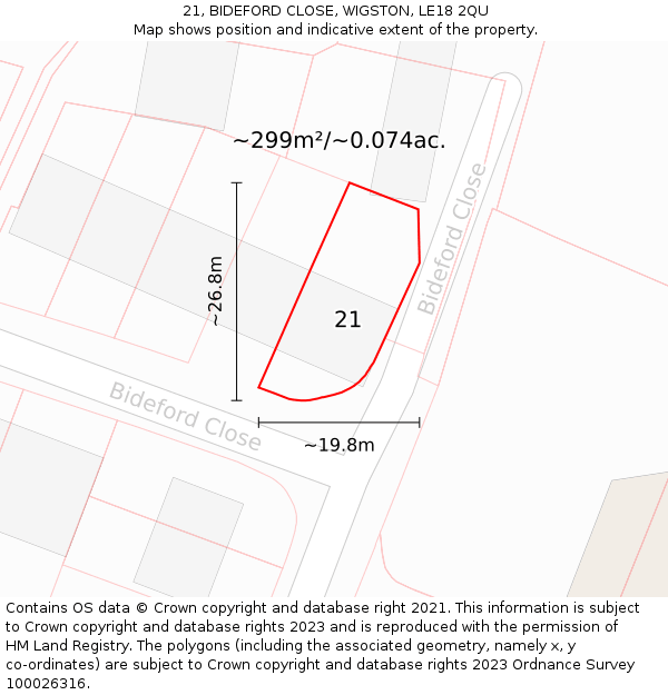 21, BIDEFORD CLOSE, WIGSTON, LE18 2QU: Plot and title map