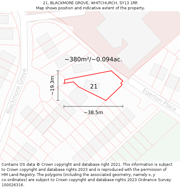 21, BLACKMORE GROVE, WHITCHURCH, SY13 1RR: Plot and title map