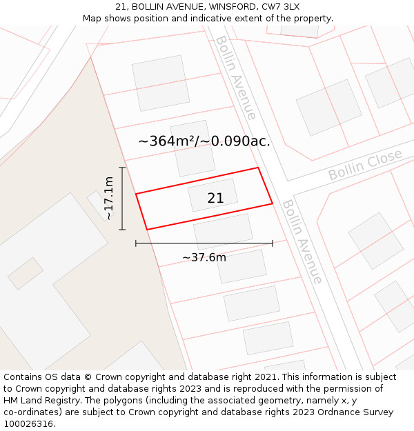 21, BOLLIN AVENUE, WINSFORD, CW7 3LX: Plot and title map