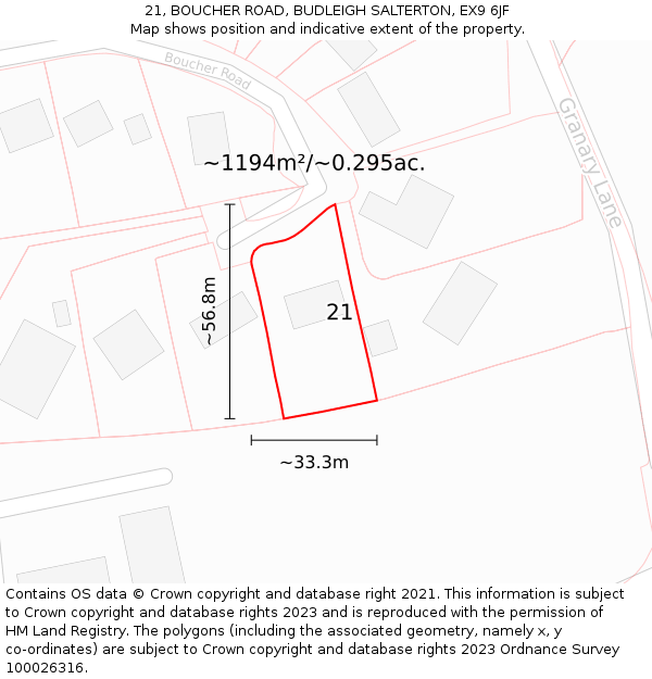 21, BOUCHER ROAD, BUDLEIGH SALTERTON, EX9 6JF: Plot and title map