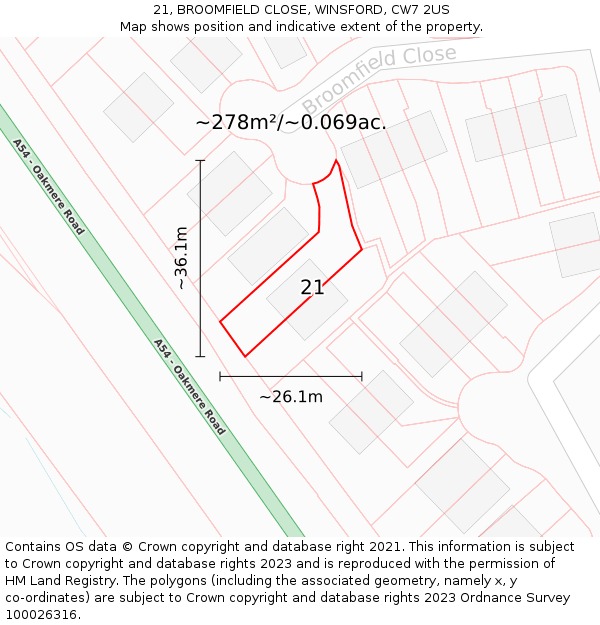 21, BROOMFIELD CLOSE, WINSFORD, CW7 2US: Plot and title map