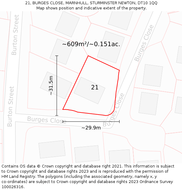 21, BURGES CLOSE, MARNHULL, STURMINSTER NEWTON, DT10 1QQ: Plot and title map