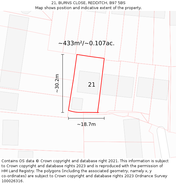 21, BURNS CLOSE, REDDITCH, B97 5BS: Plot and title map