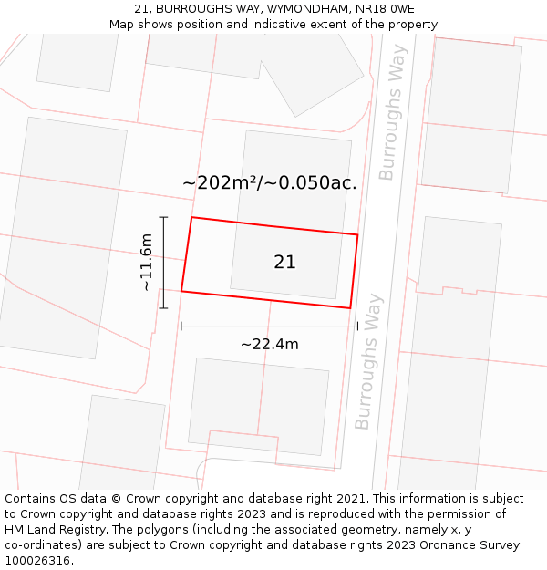 21, BURROUGHS WAY, WYMONDHAM, NR18 0WE: Plot and title map