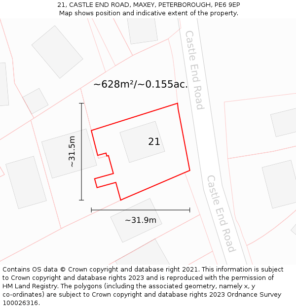 21, CASTLE END ROAD, MAXEY, PETERBOROUGH, PE6 9EP: Plot and title map