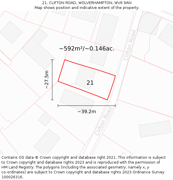 21, CLIFTON ROAD, WOLVERHAMPTON, WV6 9AN: Plot and title map