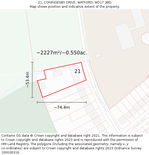 21, CONINGESBY DRIVE, WATFORD, WD17 3BD: Plot and title map