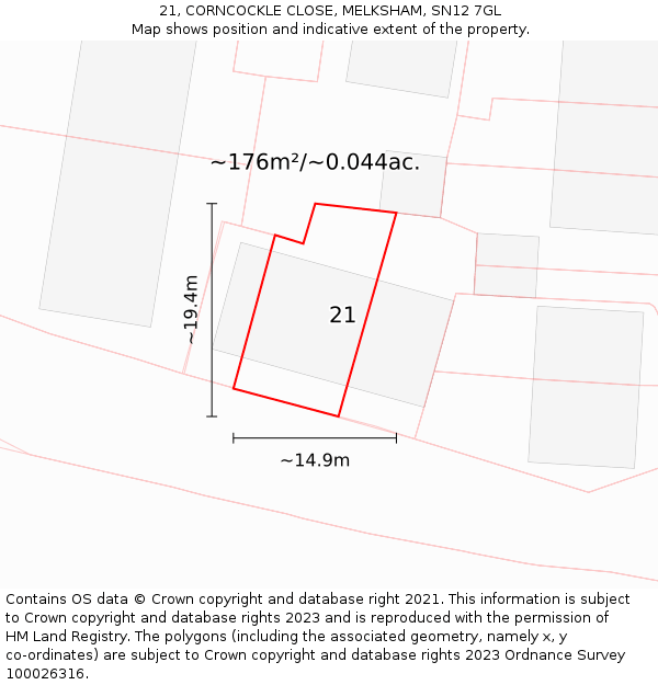 21, CORNCOCKLE CLOSE, MELKSHAM, SN12 7GL: Plot and title map