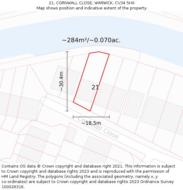 21, CORNWALL CLOSE, WARWICK, CV34 5HX: Plot and title map