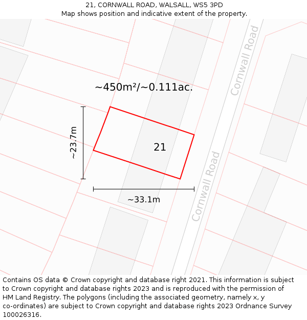 21, CORNWALL ROAD, WALSALL, WS5 3PD: Plot and title map
