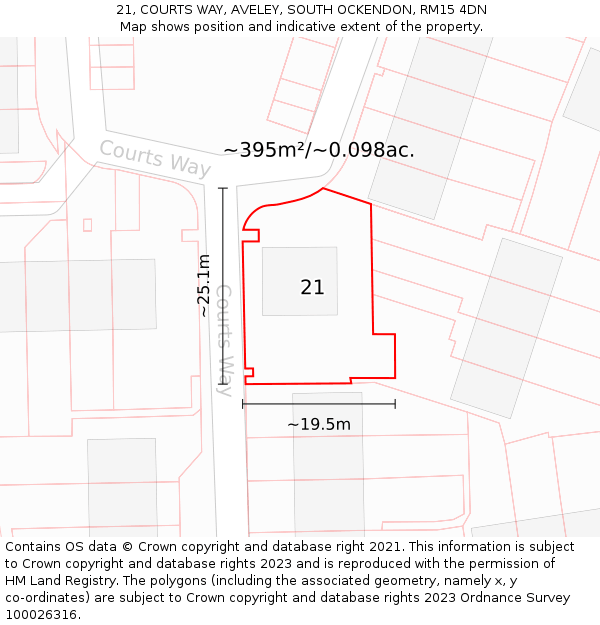 21, COURTS WAY, AVELEY, SOUTH OCKENDON, RM15 4DN: Plot and title map