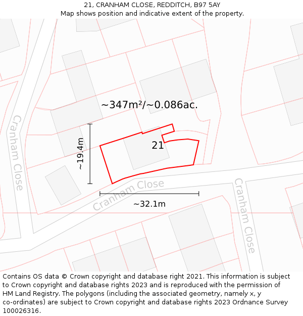 21, CRANHAM CLOSE, REDDITCH, B97 5AY: Plot and title map