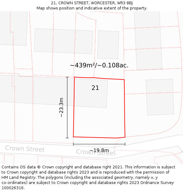 21, CROWN STREET, WORCESTER, WR3 8BJ: Plot and title map