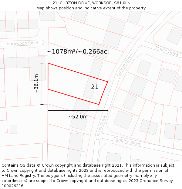 21, CURZON DRIVE, WORKSOP, S81 0LN: Plot and title map