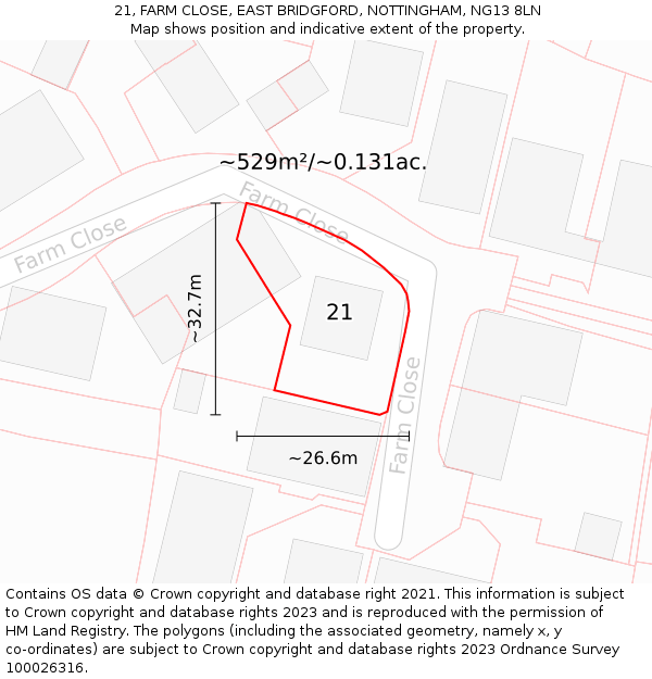 21, FARM CLOSE, EAST BRIDGFORD, NOTTINGHAM, NG13 8LN: Plot and title map