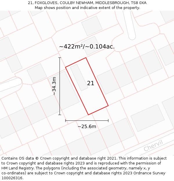 21, FOXGLOVES, COULBY NEWHAM, MIDDLESBROUGH, TS8 0XA: Plot and title map