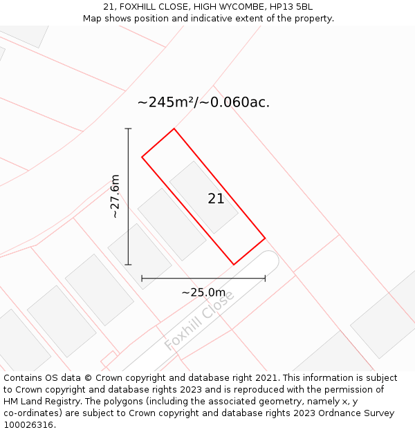 21, FOXHILL CLOSE, HIGH WYCOMBE, HP13 5BL: Plot and title map