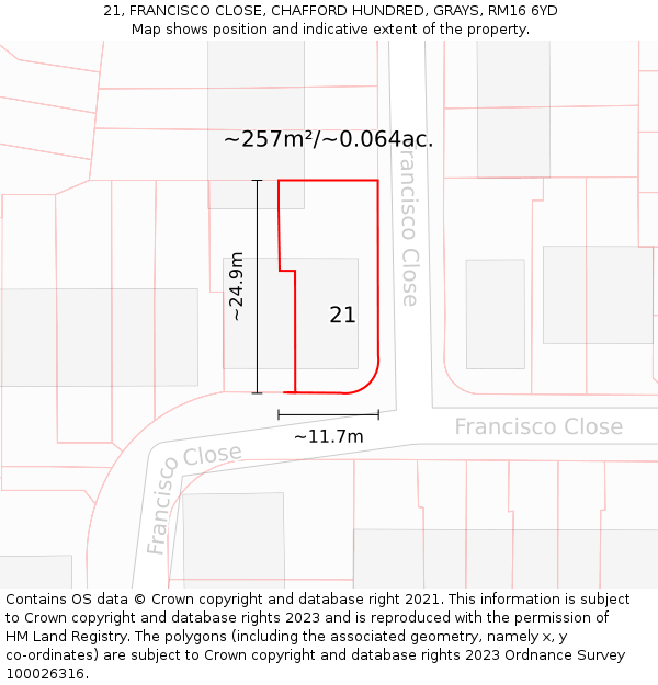 21, FRANCISCO CLOSE, CHAFFORD HUNDRED, GRAYS, RM16 6YD: Plot and title map