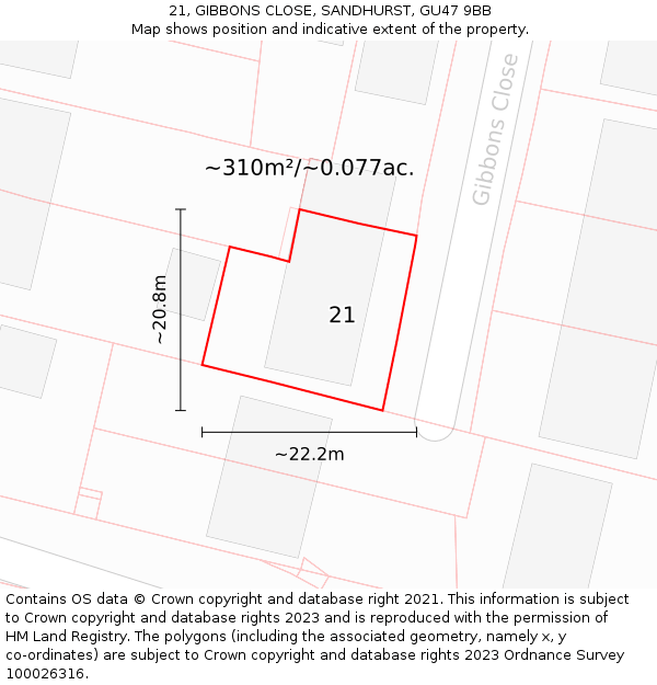 21, GIBBONS CLOSE, SANDHURST, GU47 9BB: Plot and title map