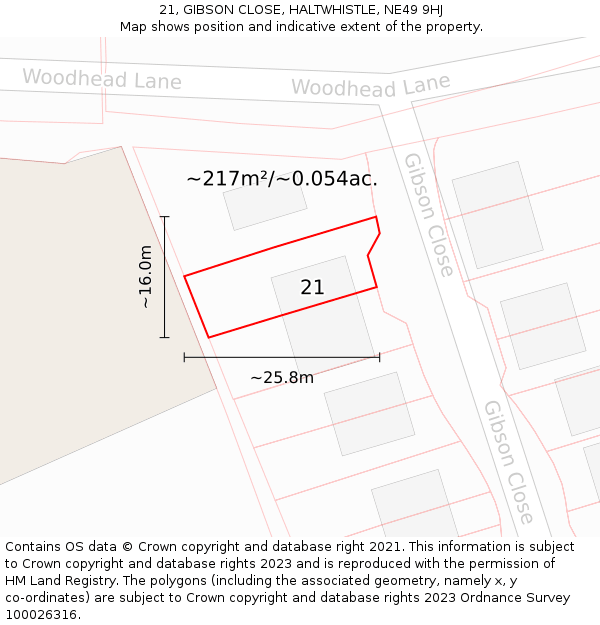 21, GIBSON CLOSE, HALTWHISTLE, NE49 9HJ: Plot and title map