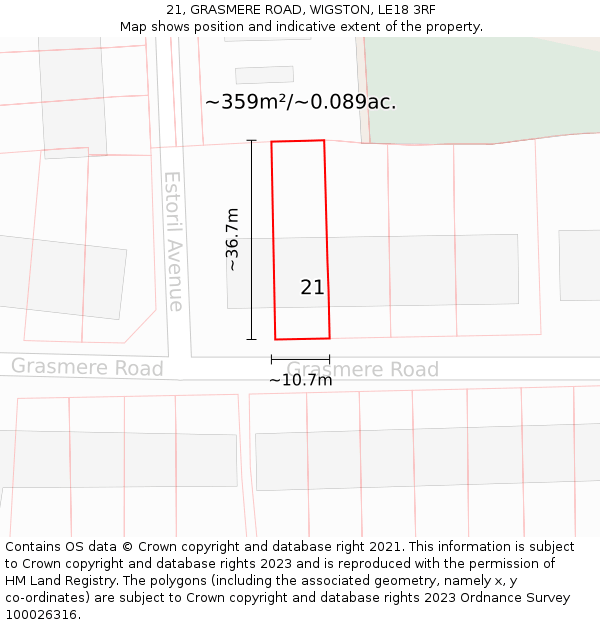 21, GRASMERE ROAD, WIGSTON, LE18 3RF: Plot and title map