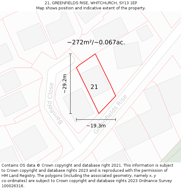 21, GREENFIELDS RISE, WHITCHURCH, SY13 1EP: Plot and title map