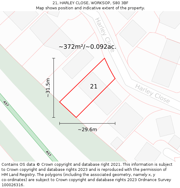 21, HARLEY CLOSE, WORKSOP, S80 3BF: Plot and title map