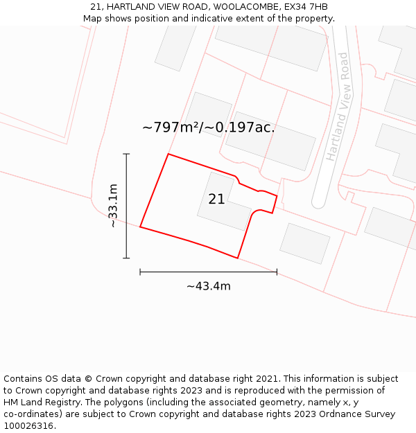 21, HARTLAND VIEW ROAD, WOOLACOMBE, EX34 7HB: Plot and title map