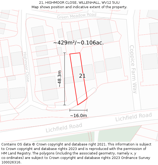 21, HIGHMOOR CLOSE, WILLENHALL, WV12 5UU: Plot and title map