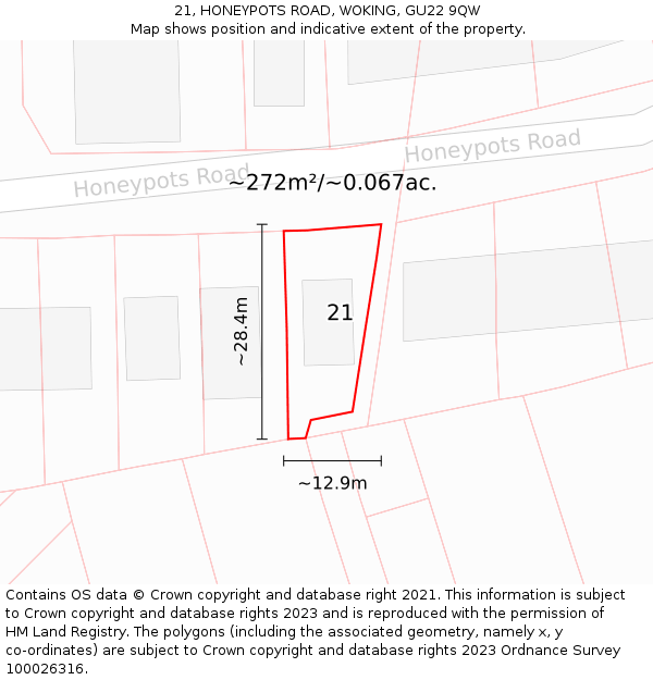 21, HONEYPOTS ROAD, WOKING, GU22 9QW: Plot and title map