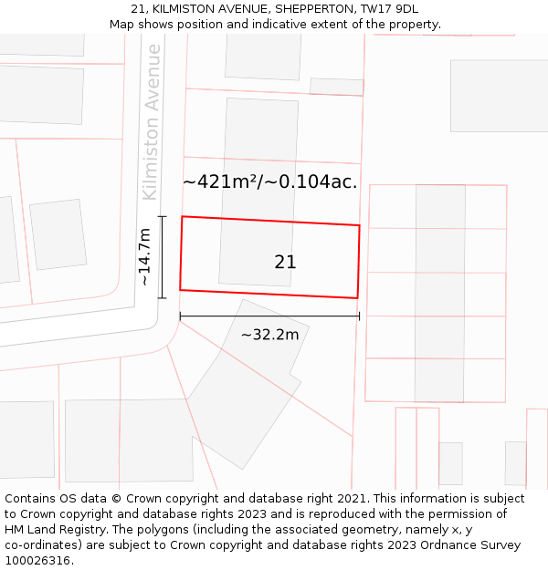 21, KILMISTON AVENUE, SHEPPERTON, TW17 9DL: Plot and title map