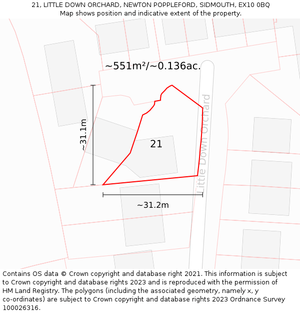 21, LITTLE DOWN ORCHARD, NEWTON POPPLEFORD, SIDMOUTH, EX10 0BQ: Plot and title map