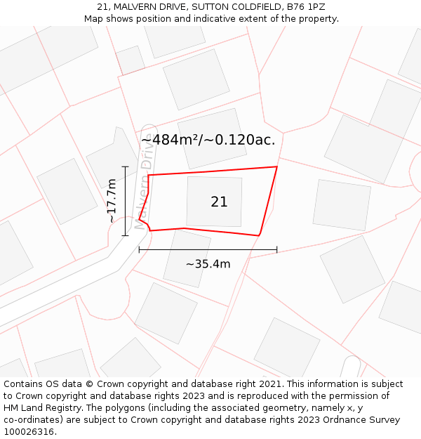 21, MALVERN DRIVE, SUTTON COLDFIELD, B76 1PZ: Plot and title map