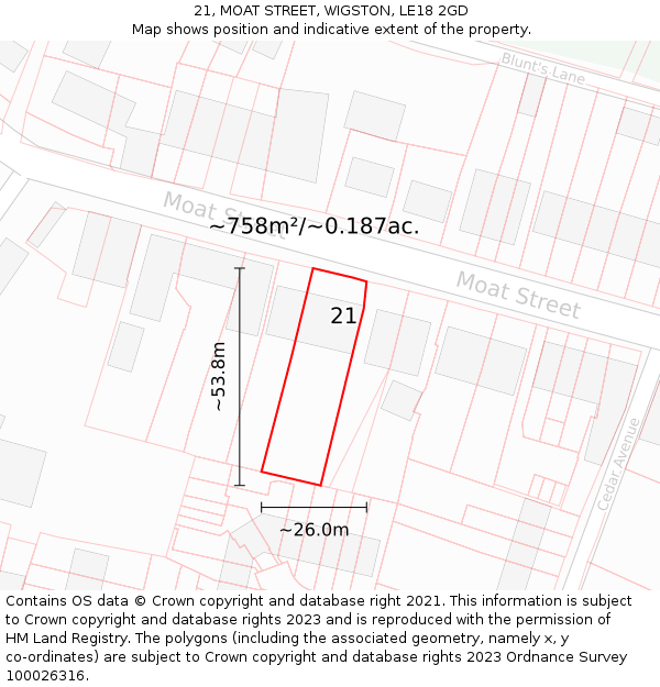 21, MOAT STREET, WIGSTON, LE18 2GD: Plot and title map