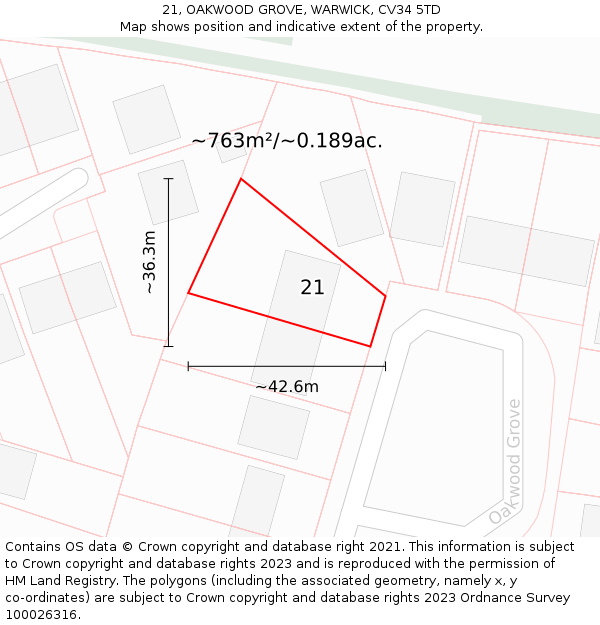 21, OAKWOOD GROVE, WARWICK, CV34 5TD: Plot and title map