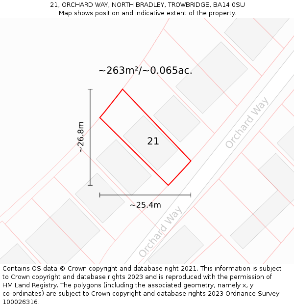 21, ORCHARD WAY, NORTH BRADLEY, TROWBRIDGE, BA14 0SU: Plot and title map