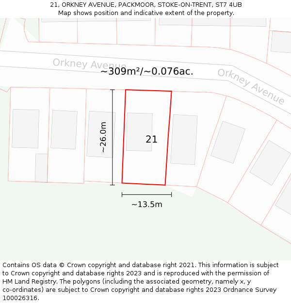 21, ORKNEY AVENUE, PACKMOOR, STOKE-ON-TRENT, ST7 4UB: Plot and title map