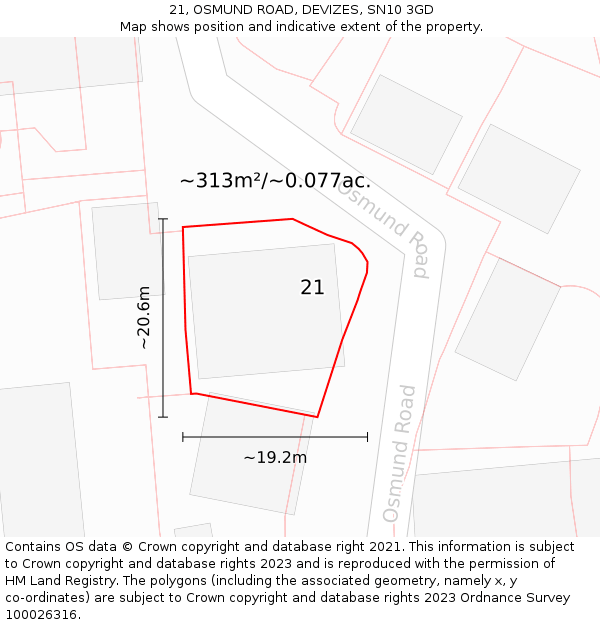 21, OSMUND ROAD, DEVIZES, SN10 3GD: Plot and title map