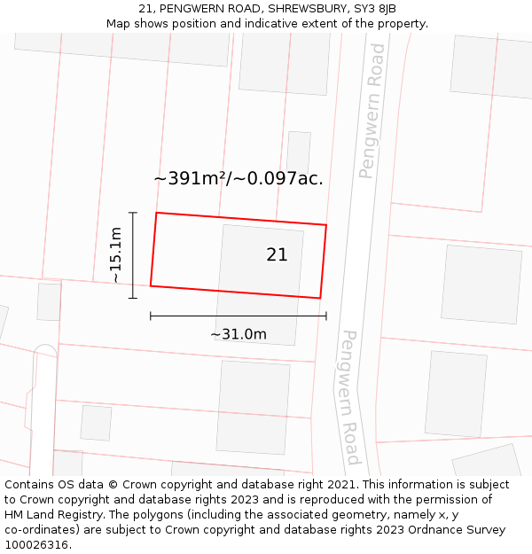 21, PENGWERN ROAD, SHREWSBURY, SY3 8JB: Plot and title map