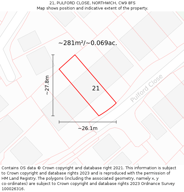 21, PULFORD CLOSE, NORTHWICH, CW9 8FS: Plot and title map
