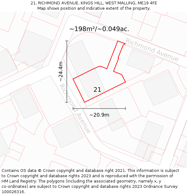 21, RICHMOND AVENUE, KINGS HILL, WEST MALLING, ME19 4FE: Plot and title map