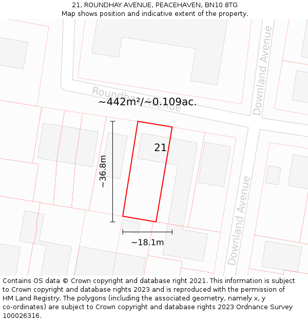 21, ROUNDHAY AVENUE, PEACEHAVEN, BN10 8TG: Plot and title map